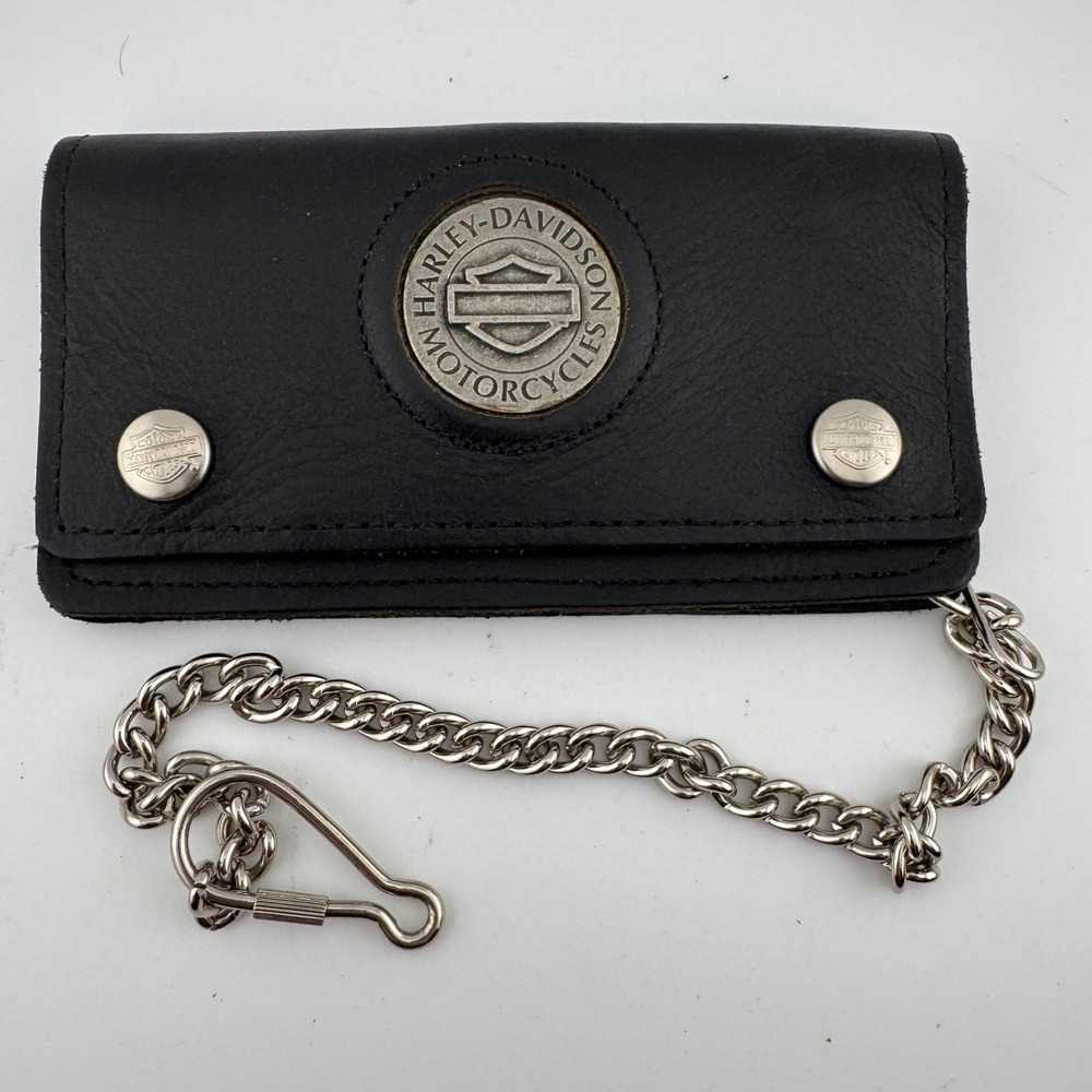 Harley Davidson Chain Wallet Mens OS Black Vintage Leather Biker Medallion Logo
